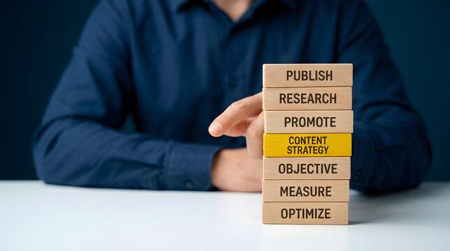 Person arranging content strategy blocks on a desk