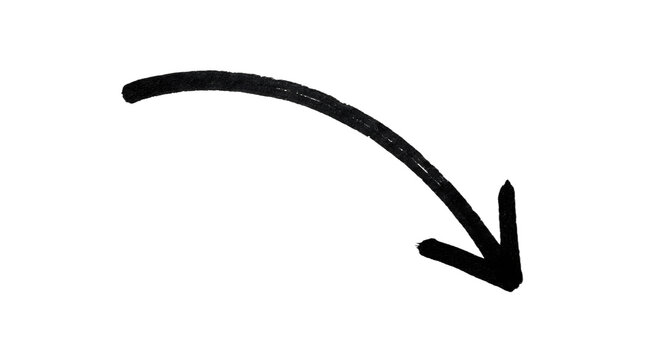 Hand drawn curved arrow pointing down isolated on transparent background