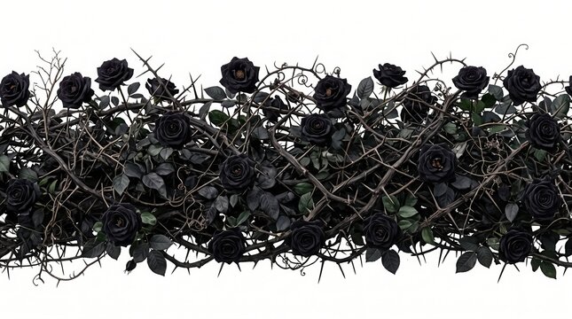 Black roses and thorny branches border isolated on white background