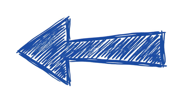 Blue hand drawn arrow pointing left isolated on transparent background