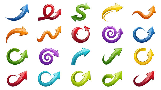 Set of colorful glossy 3D arrows isolated on a transparent background