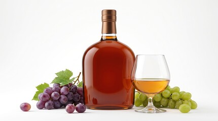 Obraz premium Bottle of brandy and glass with grapes isolated on white background