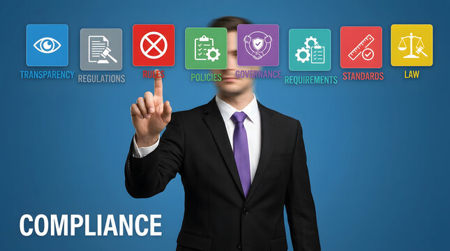 Professional selecting compliance related concepts on digital