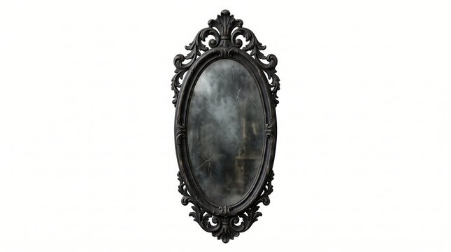 Antique ornate oval mirror with cracked glass isolated on white background