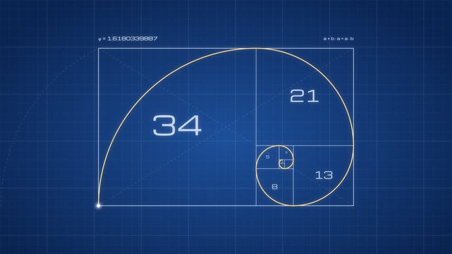 Golden Ratio Fibonacci Spiral Animation Blueprint Grid Progression from Simple Square to Complex Spiral and Stars