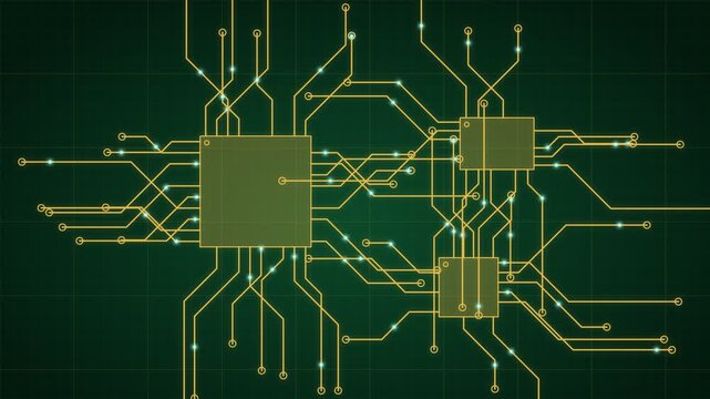 Digital circuit board animation showing data flow and processing from simple components to complex integrated circuits on a green grid background