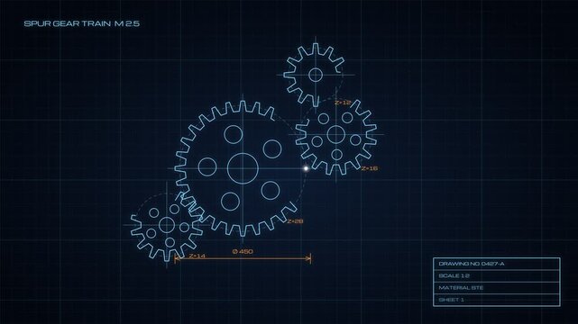 Blueprint animation of a spur gear train M25 showing assembly and technical details on a dark grid background