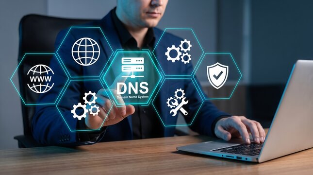 Business professional interacting with holographic DNS interface using modern laptop
