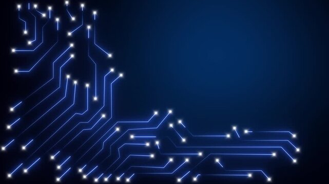 Abstract futuristic blue circuit board pattern animation with glowing white light pulses moving through high tech digital connections across motherboard network motherboard loop.