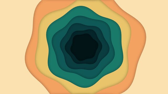 Abstract layered paper cut effect with flowing organic shapes and a dark center, transitioning through teal and orange hues