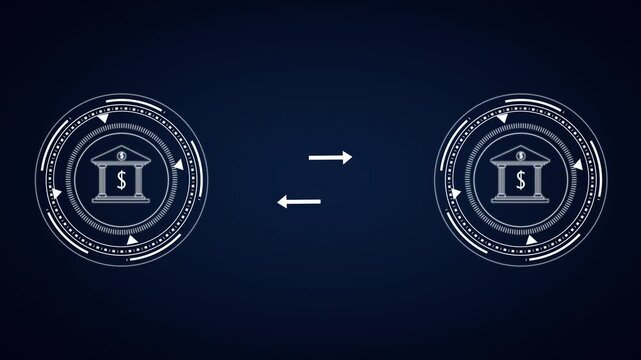 A motion graphic showing bank to bank money transfer animation with two animated banks in circles and arrows moving back and forth in a loop on a dark blue background.