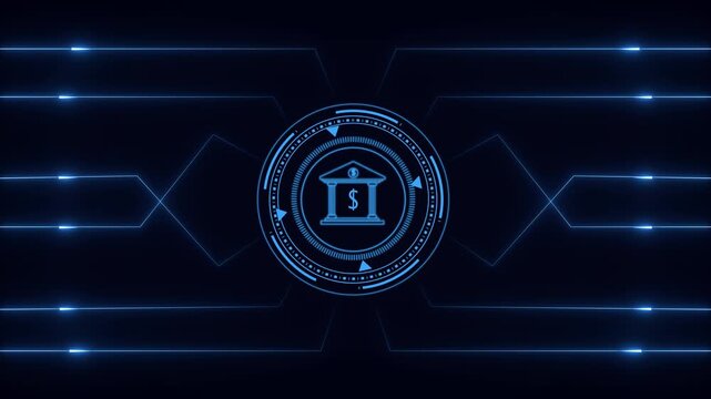 Futuristic bank icon animation on digital interface with glowing circuit board lines and blue neon energy motion graphics for financial technology and banking sector concepts.