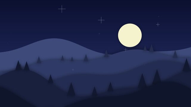 Animated night landscape with moon rising over rolling hills and pine trees, showing progression over time