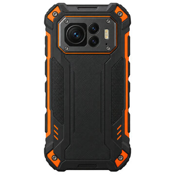Rugged smartphone with a black and orange reinforced design, featuring multiple rear cameras and a durable, textured grip for enhanced protection.