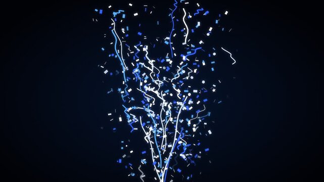 Confetti streamers and particles burst and swirl in a dark blue celebratory explosion