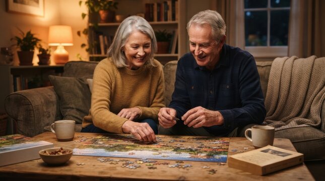 screen free evening activity Elderly couple enjoying assembling a jigsaw puzzle together at home.