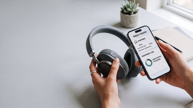 Person checking wireless headphones digital product passport and carbon footprint on smartphone