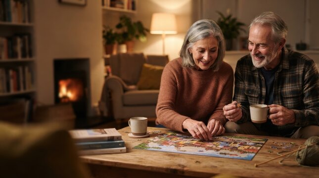 screen free evening activity Elderly couple enjoying a cozy evening assembling a puzzle by the fireplace.