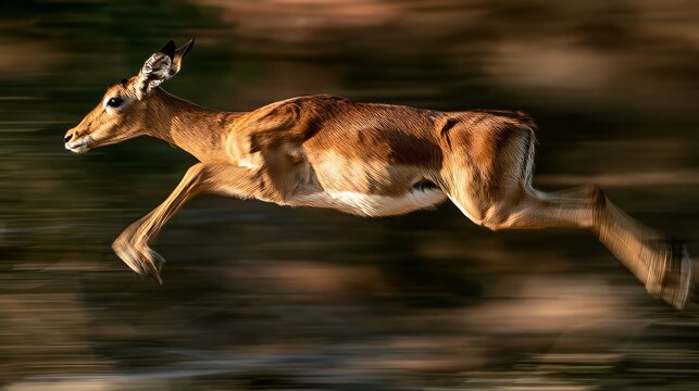 Motion blur shot of female impala Aepyceros melampus leaping while running across natural grassland, capturing speed, movement, agility, wildlife behavior, freedom and dynamic African safari scenery