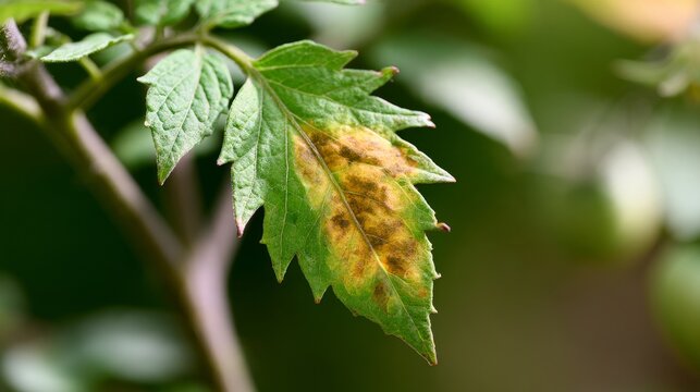 Target spot disease symptoms on tomato leaf caused by Alternaria solani fungal pathogen, showing plant infection, leaf damage, crop disease, agriculture, pathology and disease management
