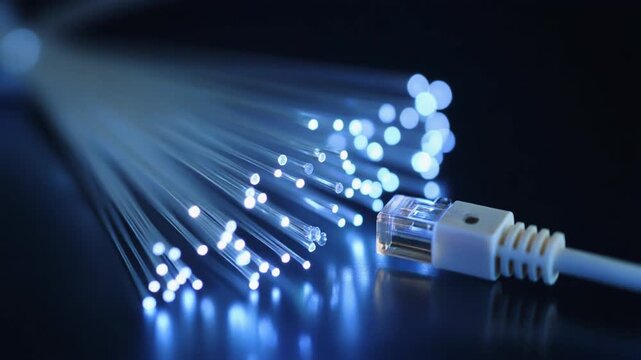 Fiber optic cable with glowing lights and network connection plug representing high-speed internet technology