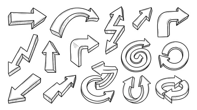 Hand drawn 3d arrow set isolated on transparent background