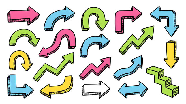 Hand drawn colorful arrow set isolated on transparent background