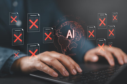 Low response quality and AI hallucinations. Limited reliability and reasoning errors in AI-generated content. Businessman typing on computer keyboard.