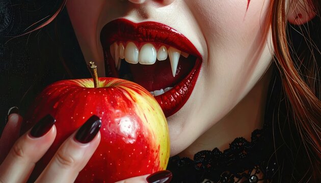 Vampire female mouth with fangs holding red apple
