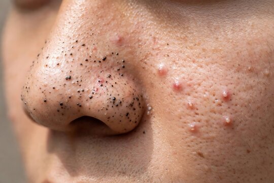 Close-up view of facial skin showing acne blackheads and clogged pores on a person nose and cheek area for dermatology skin care concept