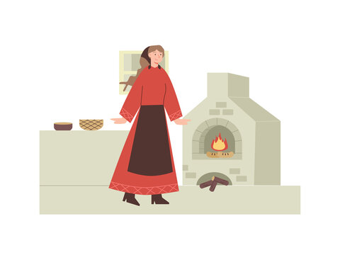 A peasant woman wearing traditional folk attire in a rustic kitchen next to a stone bread oven with a burning fire. Baltics illustrations. Flat vector concepts.