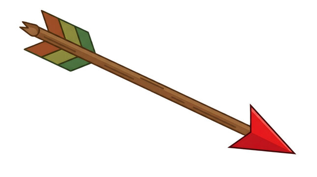 Isolated wooden arrow with red tip and colorful fletching on transparent