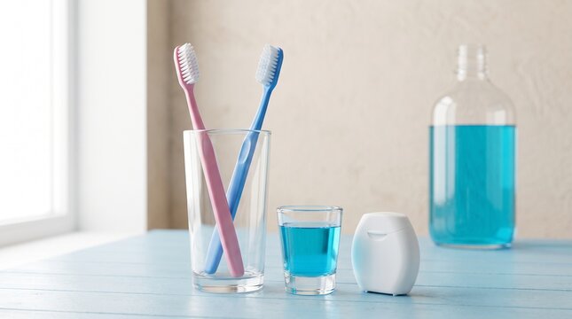 Toothbrushes and mouthwash on surface with dental floss for daily oral care