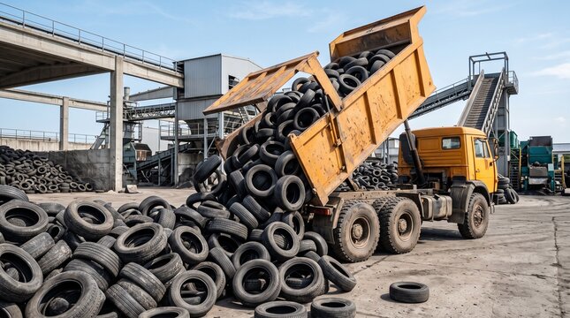 Industrial dump truck unloading a massive pile of used black rubber tires at a recycling plant