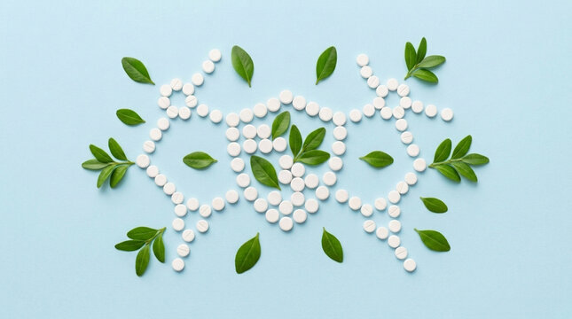 Natural Sweetener Alternative White Stevia Tablets Arranged with Green Leaves on Light Blue Background