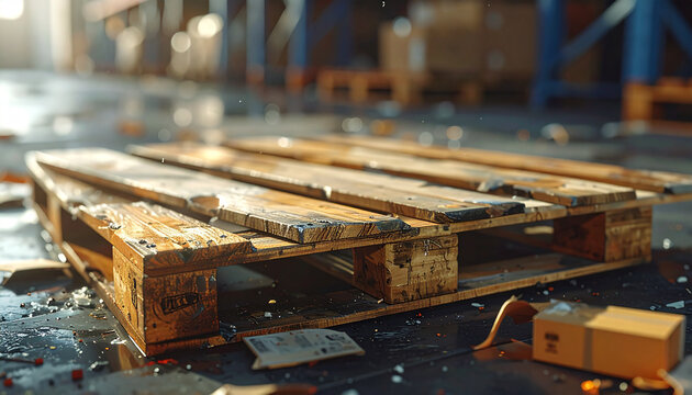 Damaged Wooden Pallet in Warehouse: A single wooden pallet lies in disarray on the wet floor of a warehouse, amidst debris and scattered packaging, highlighting neglect or an incident.