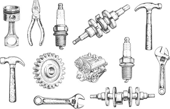 Mechanic tools and motorcycle engine parts set, screwdriver, cordless power drill, gear, spark plug, piston, wrench, pliers and hammer, vintage hand-drawn vector illustration, white background