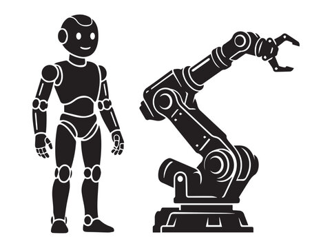 Humanoid robot and industrial robotic arm vector silhouette icons for automation and manufacturing technology