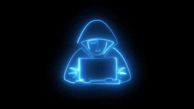 Glowing neon hooded hacker icon symbol working on laptop for cybersecurity and system coding
