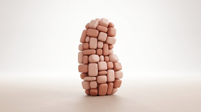 A kidney bean shaped sculpture made of smooth, rounded, beige puzzle pieces creates an organic texture representing health and connection.