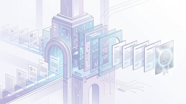 Digital document processing workflow with futuristic technology and blockchain elements for data management and security on a clean background.