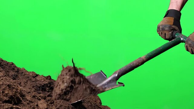 Side view of a narrow steel trenching shovel performing a digging motion on a chroma key green background