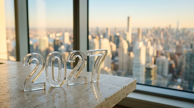 Clear glass 2027 numbers on a marble table overlooking a city skyline