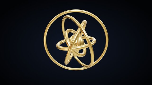 Golden atom model with orbiting electrons in a circular frame on a dark background
