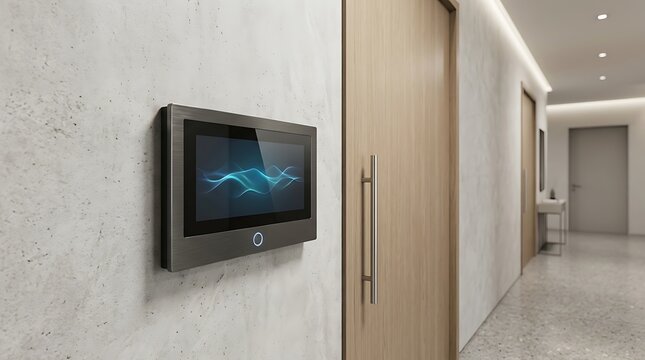 Sleek modern smart home control touch panel mounted on a light textured wall in a bright hallway with wooden doors, recessed ceiling lights, and a distant minimalist bathroom sink.