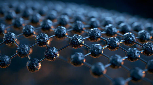 Macro 3D rendering of rough graphite molecular structure, advanced carbon nanotechnology lattice network, 8k copy space