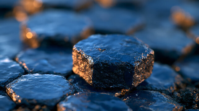 Macro low angle of rough hexagonal basalt paving stones illuminated by warm sunset light, modern architectural landscape material texture, 8k copy space