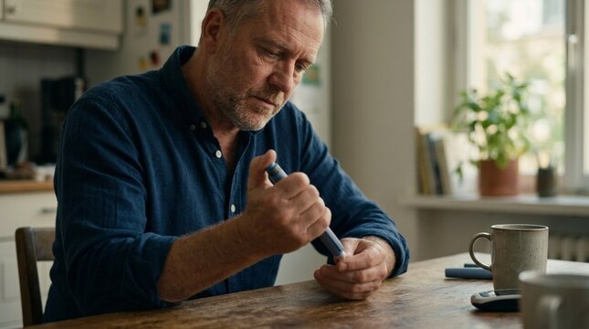 Man with Diabetes Using Insulin Pen at Home Managing Blood Sugar Daily