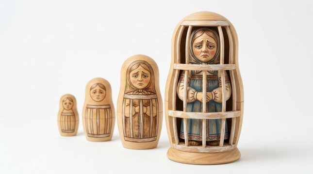 Matryoshka Doll Trapped in Cage Symbolizing Confinement Restriction and Emotional Distress