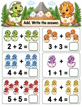 Dinosaur addition worksheet for kids with cute baby dinosaurs in eggs and math problems